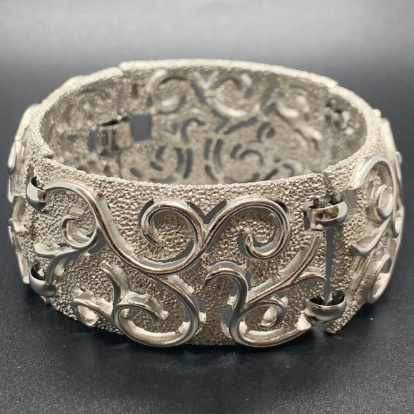 Trifari Jewelry - Signed Trifari Vintage Silver Tone Openwork Floral Panel Wide Bracelet 7.5"